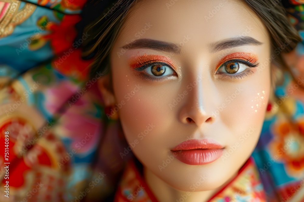 Close-up Portrait of a Young Woman with Sparkling Makeup and Colorful Attire Looking Thoughtfully at the Camera