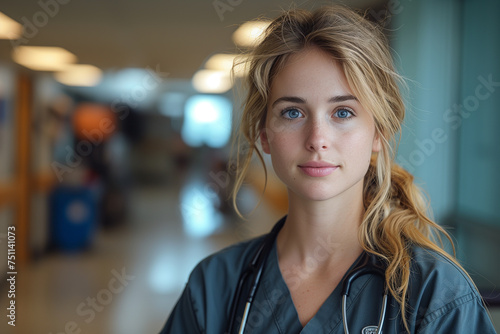 Portrait of a beautiful young female doctor with blond hair and blue eyes, wearing a lab coat and stethoscope