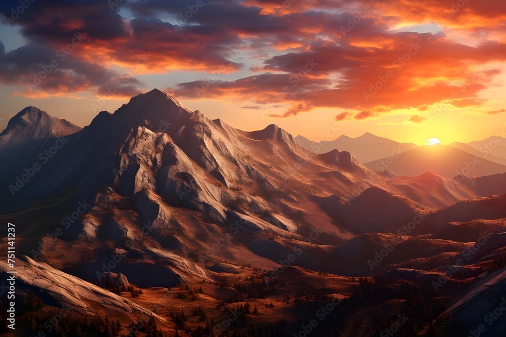 Rocky Mountain Ridge at Sunset: The rugged beauty of a mountain ridge bathed in the warm glow of the setting sun.

