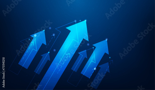 business investment growth and arrow up to success digital on blue background. trend profit income marketing increase. progressive development finance target direction. vector illustration fantastic.