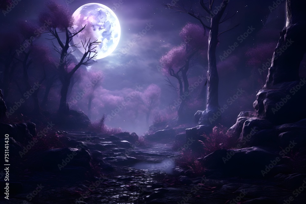 Mystical Moonlit Forest: A dreamy forest scene bathed in the soft light of the moon, creating an otherworldly ambiance.

