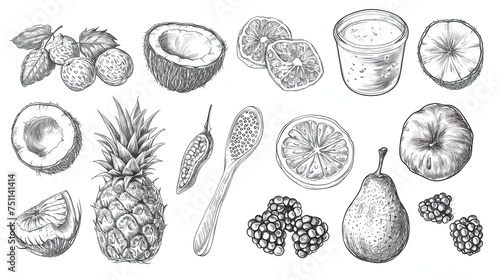 detailed sketch of assorted fruits and a glass of smoothie. 