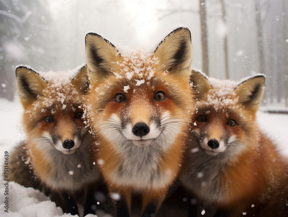 group of foxs in the snow group of foxs in the snow
