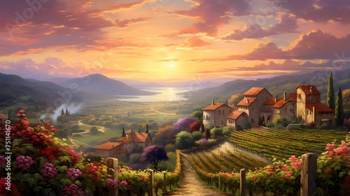Panorama of vineyards in Tuscany, Italy at sunset
