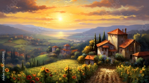 Panoramic view of the Tuscan landscape at sunset  Italy