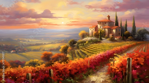 Panorama of vineyard in Tuscany, Italy at sunset