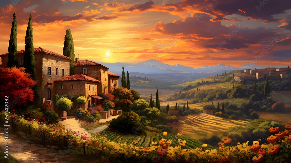 Beautiful panoramic landscape of Tuscany at sunset, Italy