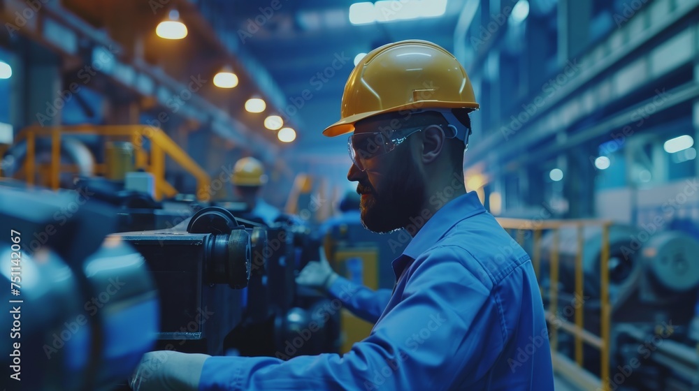 Engineers and factory managers wearing safety helmet inspect the machines in the production. inspector opened the machine to test the system to meet the standard. machine, maintenance Engineers and factory managers wearing safety helmet inspect the machines in the production. inspector opened the machine to test the system to meet the standard. machine, maintenance