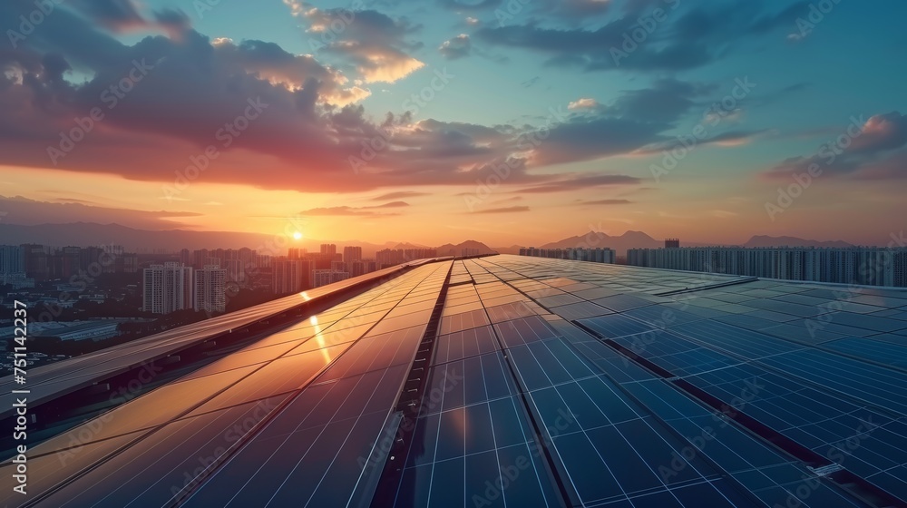 Fototapeta premium Solar panel on factory or house roof top. Photovoltaic power supply systems. Solar power plant. The source of ecological renewable energy, environment, power, technology