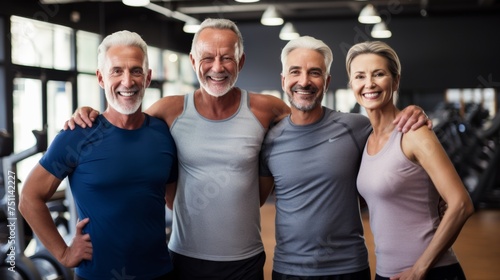 Smiling group older of friends in sportswear laughing together while standing arm in arm in a gym after a workout, senior, healthy, friendship, adult, exercising, together, lifestyles © pinkrabbit