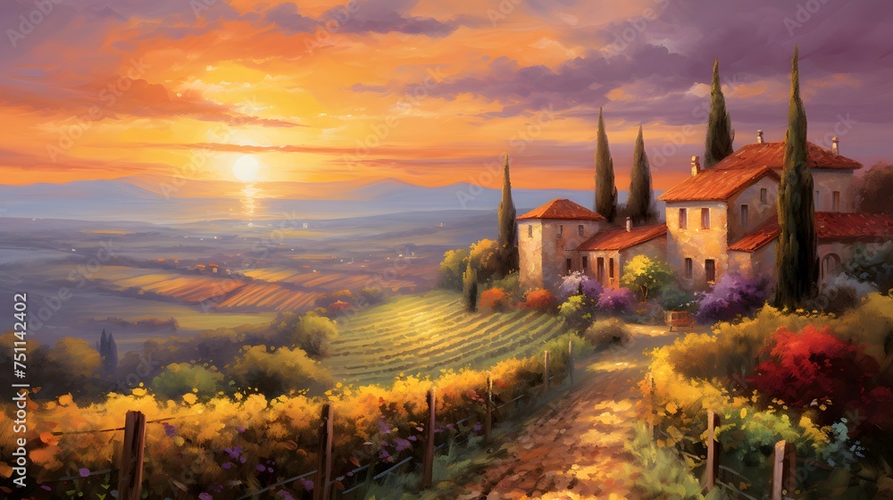 panoramic view of Tuscany at sunset with vineyards