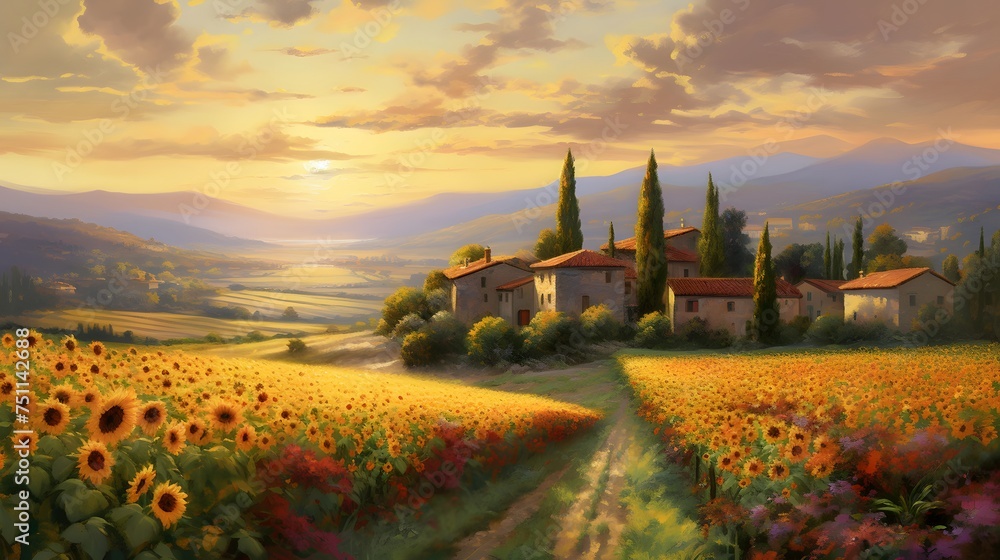 Sunflower field in Tuscany, Italy, panoramic view
