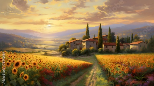 Sunflower field in Tuscany, Italy, panoramic view