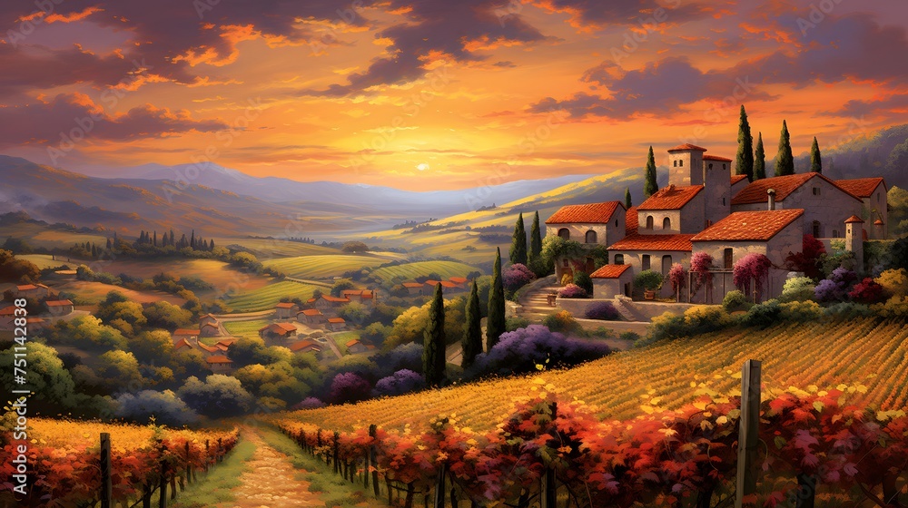Landscape of Tuscany with vineyard at sunset, Italy