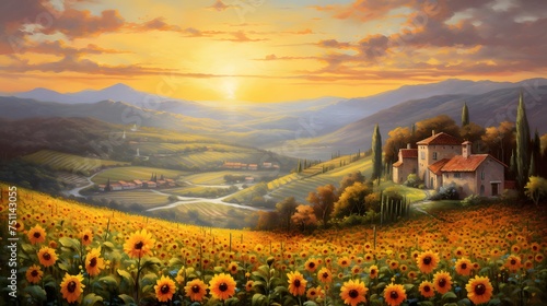 Sunflowers in Tuscany, Italy. Digital painting.