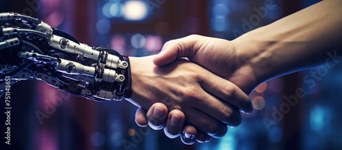 businessman s human hand shaking hands with robot s hand. partner and digital transformation concept