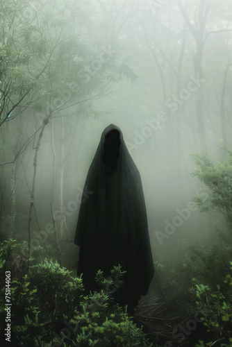 Mysterious hooded figure stands in a foggy forest © Rajko