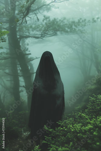Mysterious hooded figure stands in a foggy forest
