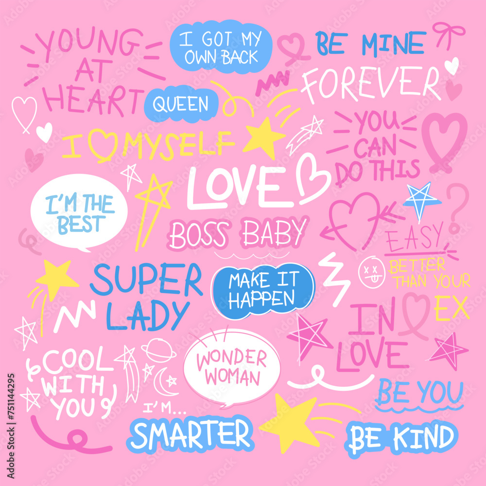 Girl power and empowered women texts such as boss baby, super lady, queen, smarter, be kind, you can do this, forever, cool with you for sticker, print, card, font, typography, decorations, tattoo Girl power and empowered women texts such as boss baby, super lady, queen, smarter, be kind, you can do this, forever, cool with you for sticker, print, card, font, typography, decorations, tattoo