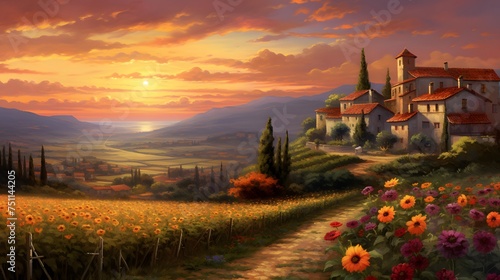 Sunset in Tuscany, Italy. Panoramic view of the countryside