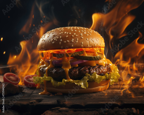 hamburger on fire