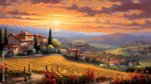 panoramic view of Tuscany with vineyards at sunset