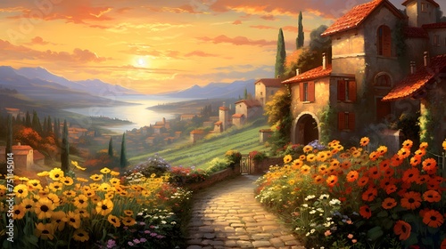 Panoramic view of Tuscany with sunflowers at sunrise