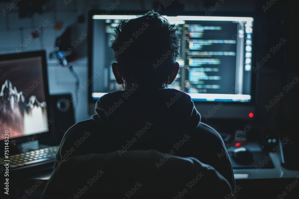 Hacker sitting in front of computer and hacking system, dark web concept Hacker sitting in front of computer and hacking system, dark web concept