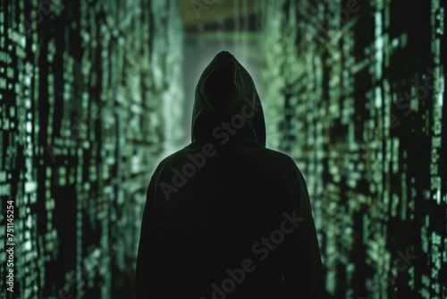 Hacker wearing a black hood stays in a secret passage or back door built to gain access to information, dark web concept © Tar