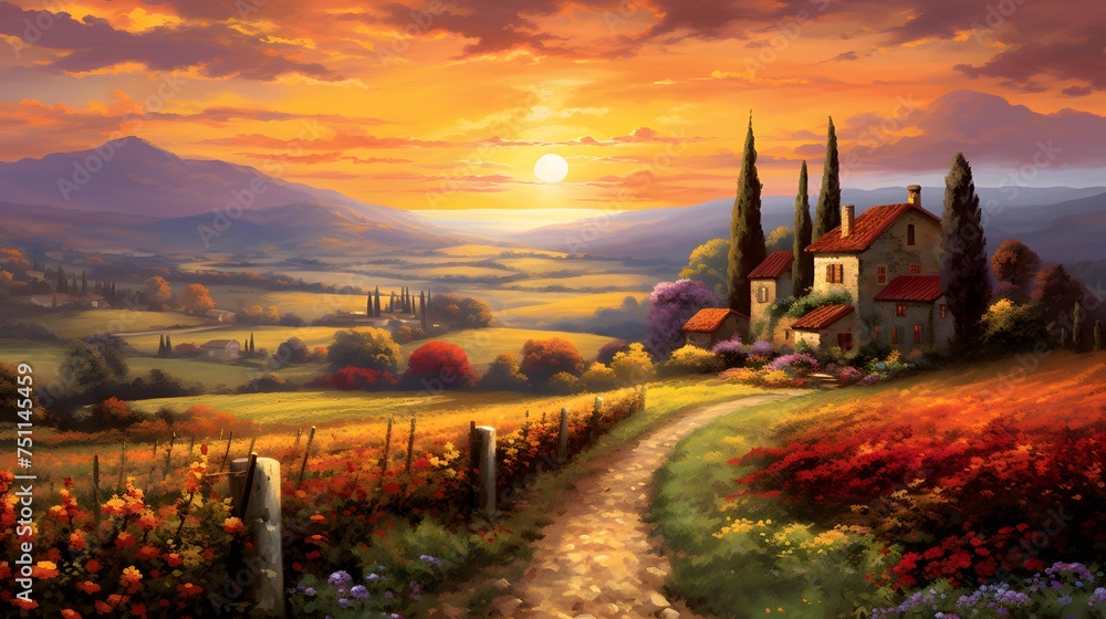 Sunset in the Tuscany, Italy. Digital painting.