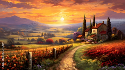 Sunset in the Tuscany  Italy. Digital painting.