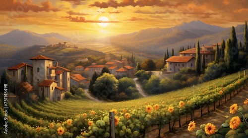 Sunflower field in Tuscany  Italy. Digital painting.