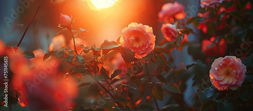 A close-up view of a vibrant bunch of roses illuminated by the warm light of a street lamp, creating a striking silhouette against the early morning sky.