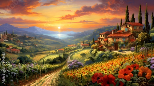 Tuscany landscape panorama with sunflowers and village at sunset #751145655