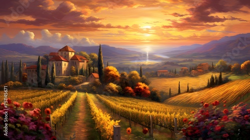 Tuscany landscape panorama with vineyard at sunset, Italy