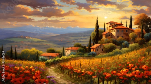Panoramic view of Tuscany  Italy at sunset.