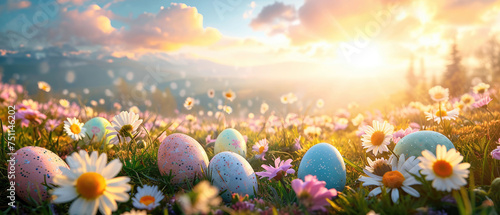 Easter Meadow with Eggs and Spring Flowers sunlight beautiful landscape background banner copy space area