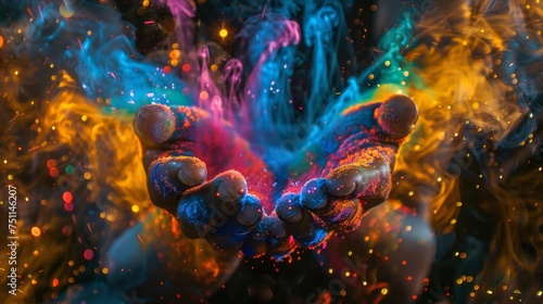 Abstract concept of colorful dust explosion on human hands against a dark background.