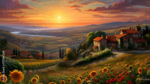 Panoramic view of Tuscany with sunflowers at sunset.