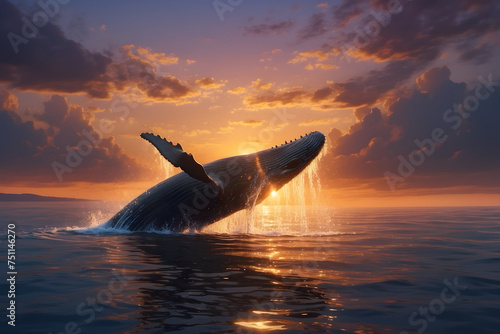 A humpback whale jumping the surface of water at sunset