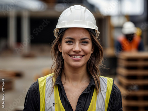 smiling female Caucasian construction worker or architect wearing a white hard hat and safety vest at a construction site