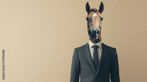 Man in a suit with a realistic horse head on a light empty background. copy space. generative ai