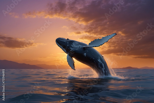 A humpback whale jumping the surface of water at sunset © AungThurein