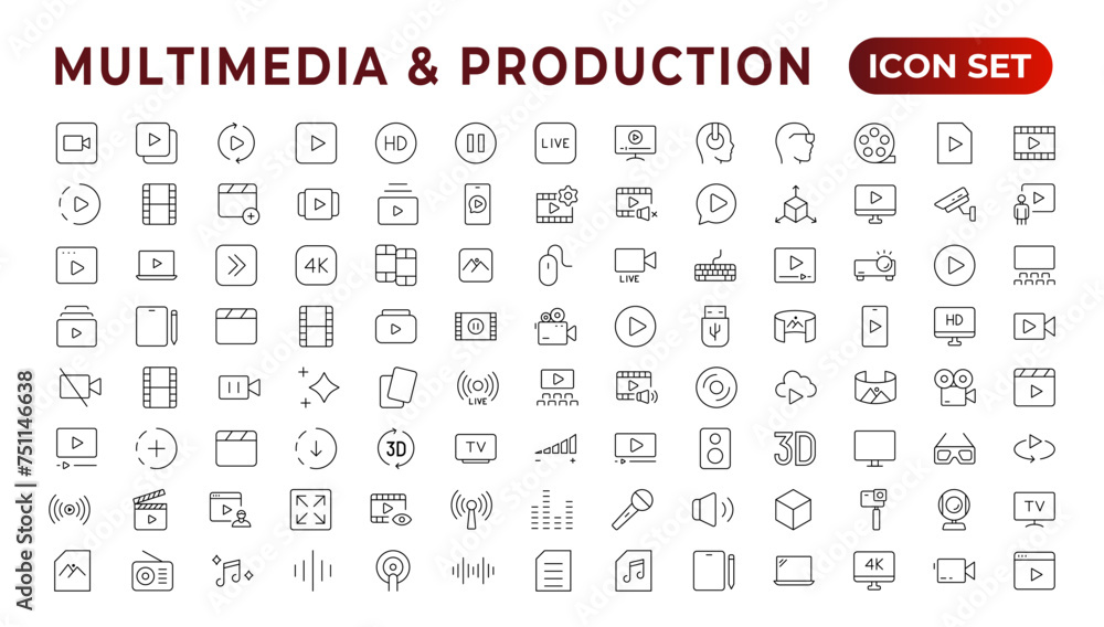 Multimedia & Production icon set. Cinema icon set. Movie sign collection. Set of cinema, movie, video icons, collection film, TV. Popcorn box package Big movie reel. Outline icon set collection.