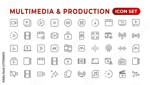 Multimedia & Production icon set. Cinema icon set. Movie sign collection. Set of cinema, movie, video icons, collection film, TV. Popcorn box package Big movie reel. Outline icon set collection.