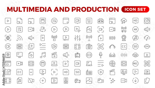 Multimedia & Production icon set. Cinema icon set. Movie sign collection. Set of cinema, movie, video icons, collection film, TV. Popcorn box package Big movie reel. Outline icon set collection.