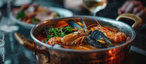 A traditional copper pot filled with a delicious homemade bouillabaisse  a flavorful seafood stew  topped with fresh parsley garnish. The rich and aromatic dish features an assortment of seafood