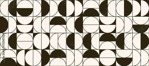 Abstract semicircle seamless pattern. Monochrome geometric half circle n square repeating background. Swiss modernism or postmodernism style wallpaper. Vector beige and brown modular backdrop