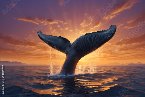 A humpback whale’s tail breaking through the surface of water at sunset © AungThurein