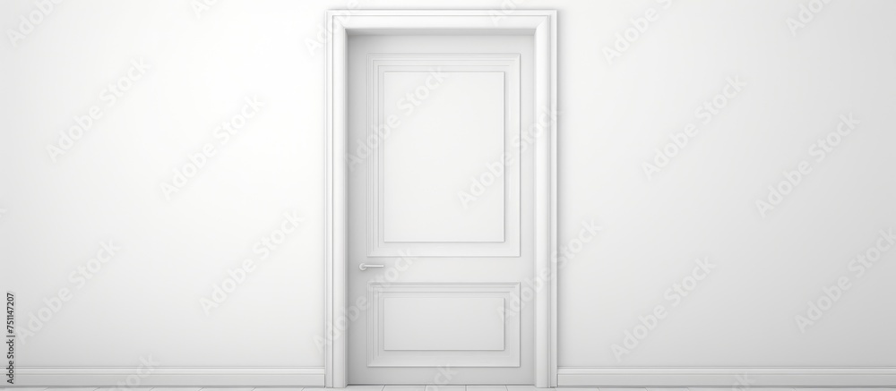 In the room, there is a simple wooden chair placed in the center. A closed door stands against a plain white background, giving a sense of emptiness and minimalism.
